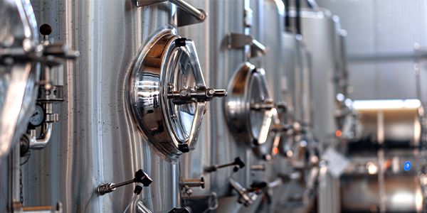 Stainless steel tanks used in an industrial brewing process