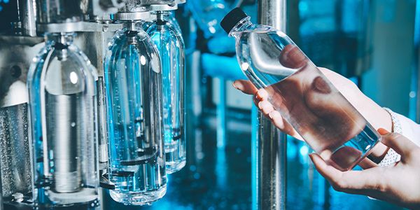 Bottled water filling line with clear plastic bottles and process equipment