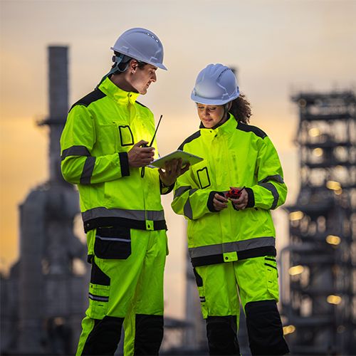 Industrial personnel in high visibility protective clothing review process information at a refinery petrochemical site with process towers visible in the background.