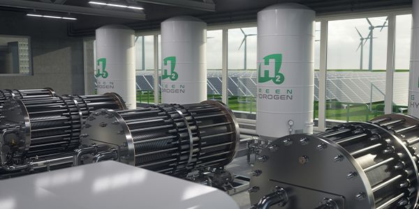 Green hydrogen production facility with process piping and industrial equipment