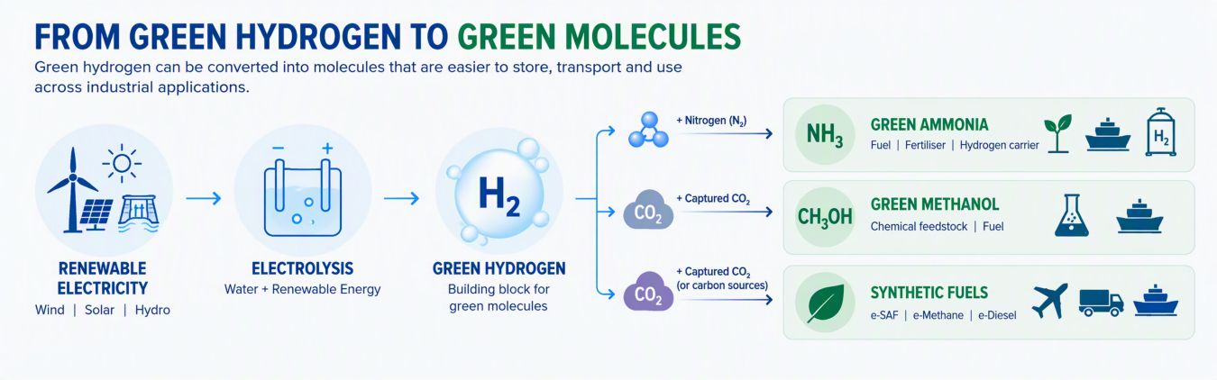Infographic showing renewable electricity powering electrolysis to produce green hydrogen. Green hydrogen is then combined with nitrogen or captured carbon sources to produce green ammonia, green methanol and synthetic fuels used in shipping, chemicals, aviation and heavy transport.