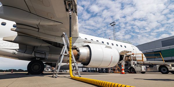 Commercial aircraft on the ground during aviation fuel servicing operations.