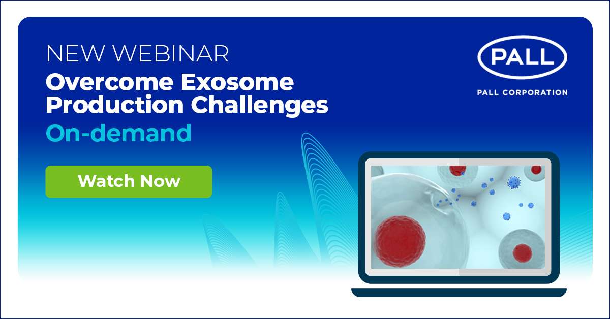 A cover with a button to watch a webinar on how to overcome challenges in exosome production