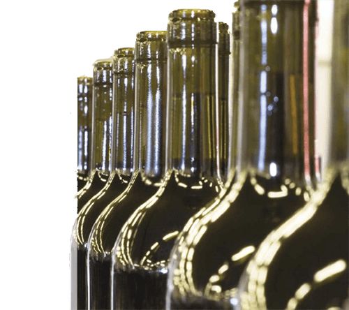Garrafas de vinho alinhadas para enchimento
